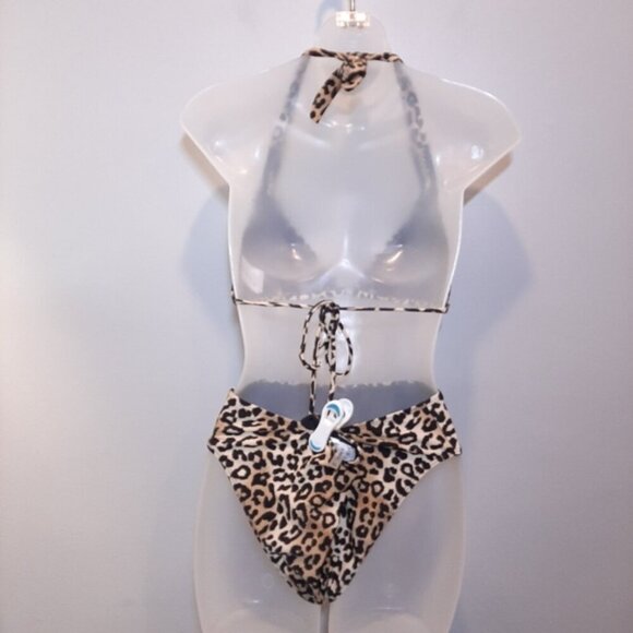 Rampage Leopard String Bikini Set Halter Triangle High Waist Gold Womens Size XL - Picture 6 of 16